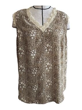 Leopard Print Lace-Trim V-Neck Sleeveless Top - Beige